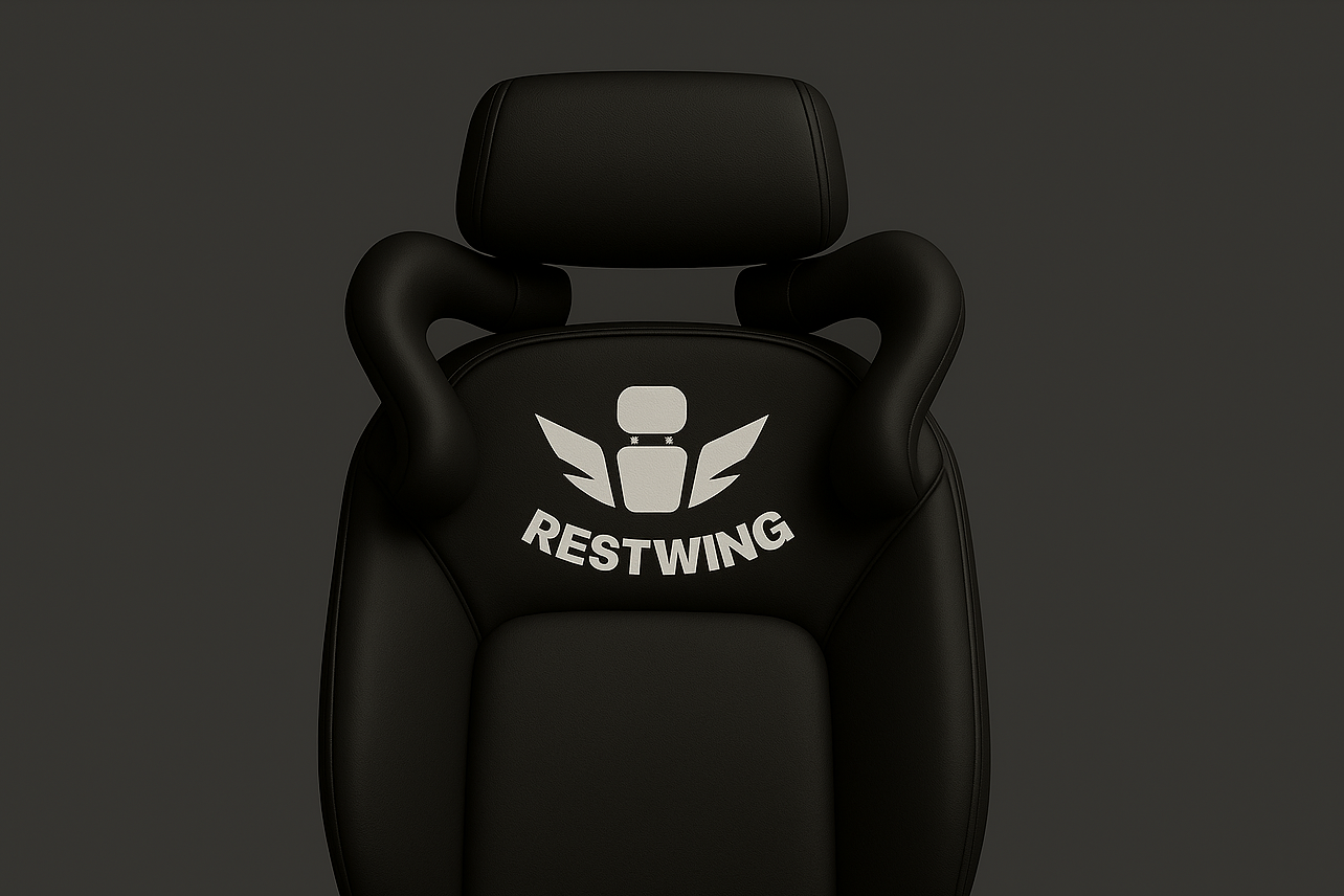 Black car seat cover with 'RESTWING' logo on a dark background